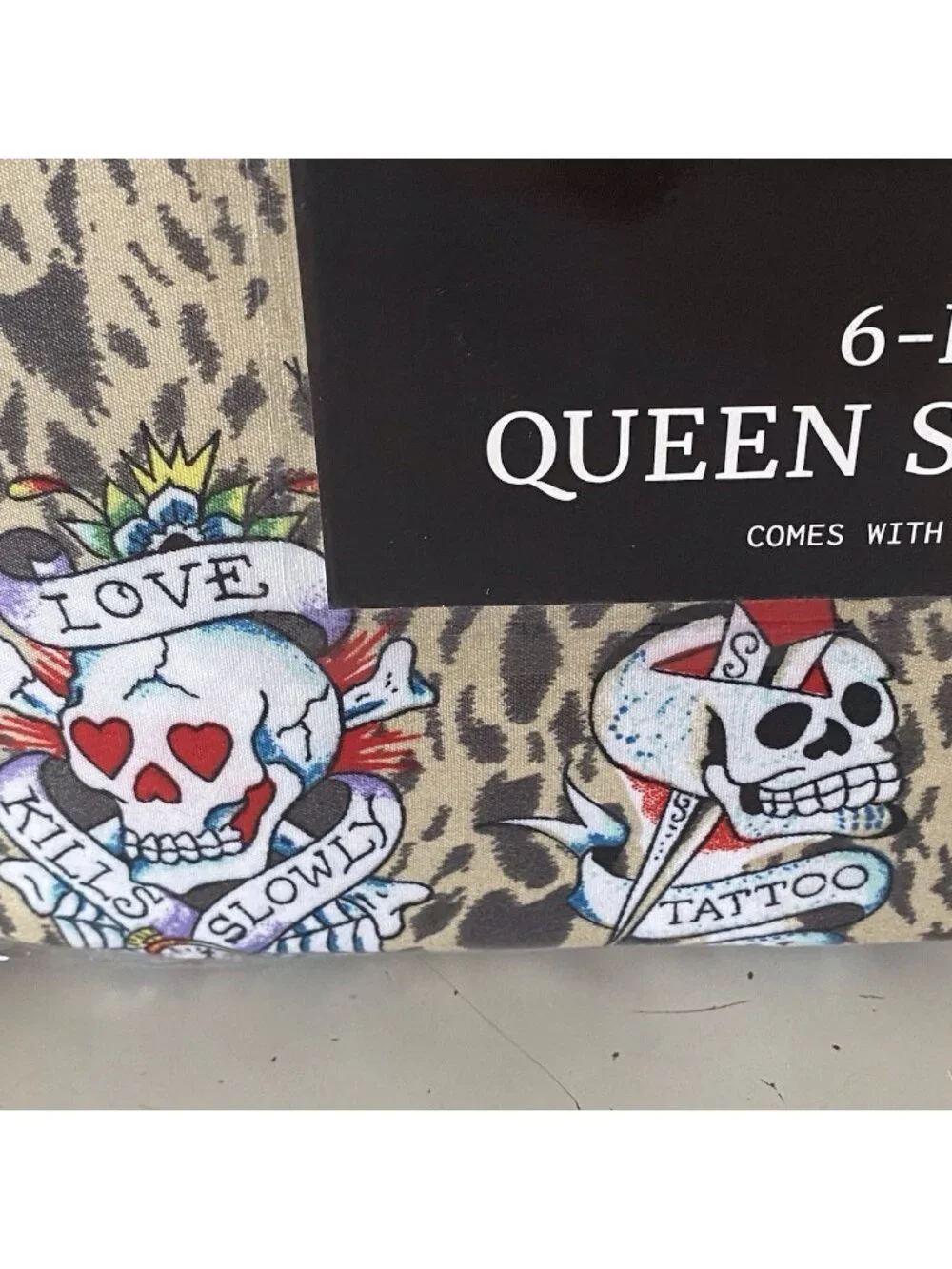 6 PC Ed Hardy QUEEN SIZE Sheet Set Skulls‎ Heart Leopard Animal Print NEW